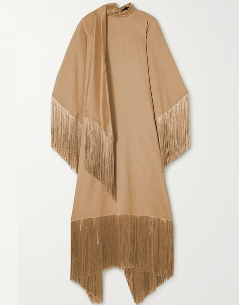 Beige High Neck Style Fringed Kaftans
