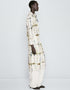 Trendy Designer Party Wear Elegant Calf Length Shirt Dress Cream Linen Blend Dress Close-up View