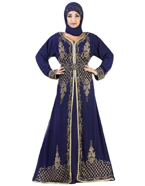 Muslim Blue Georgette Hand Zari Embroidery Kaftan