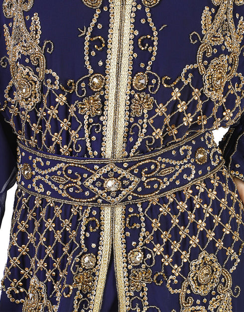Muslim Blue Georgette Hand Zari Embroidery Kaftan