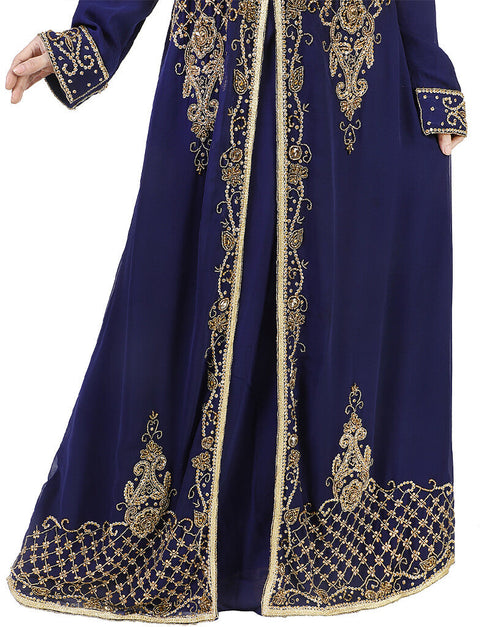 Muslim Blue Georgette Hand Zari Embroidery Kaftan