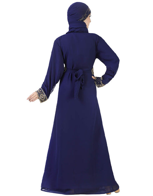 Muslim Blue Georgette Hand Zari Embroidery Kaftan