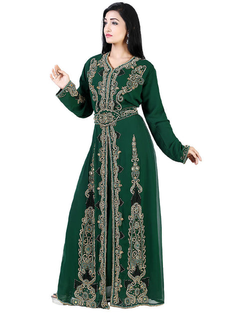 Modern Bottle Green Georgette Hand Pearl Work Moroccan kaftan