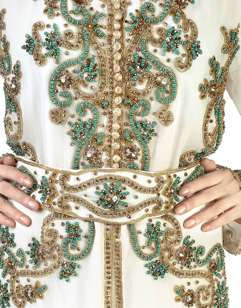 Modern White Georgette Hand Peral Embroidery Kaftan