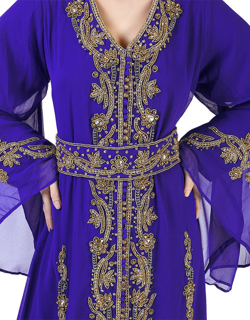 Muslim Blue Georgette Pearl Embroidery Kaftan