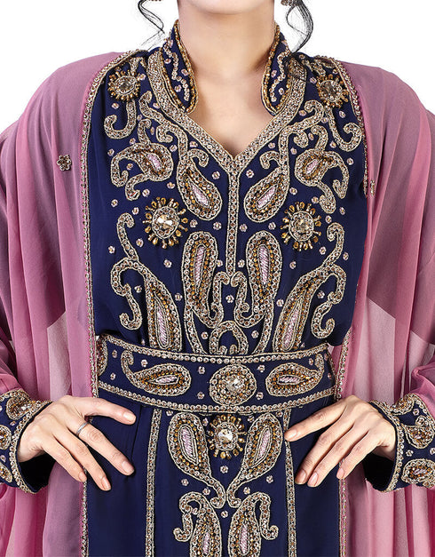 Dubai Navy Blue and Pink Georgette Hand Zari Embroidery Bridal Kaftan