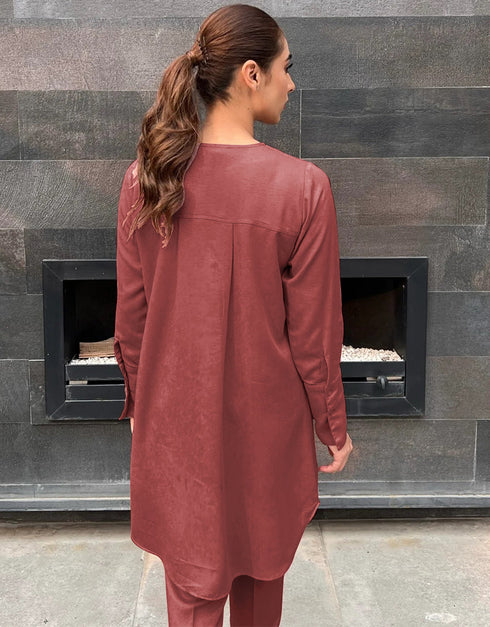 Maroon Nirvana Silk Pant Shirt Close-up View