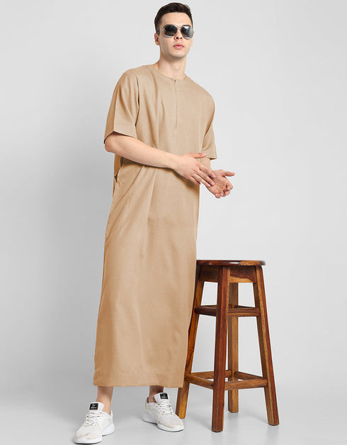 Beige Thobes Cotton Blend Plain Solid Work