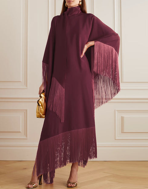 Wine High Neck Style Fringed Kaftans Closure View