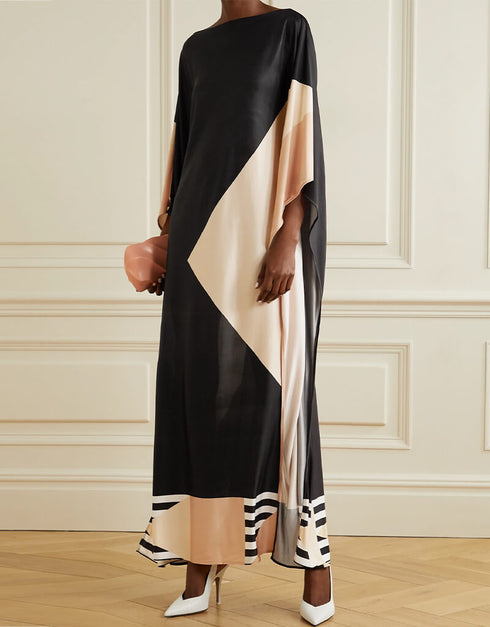 Black And Beige Soft Satin Silk Kaftan Back View