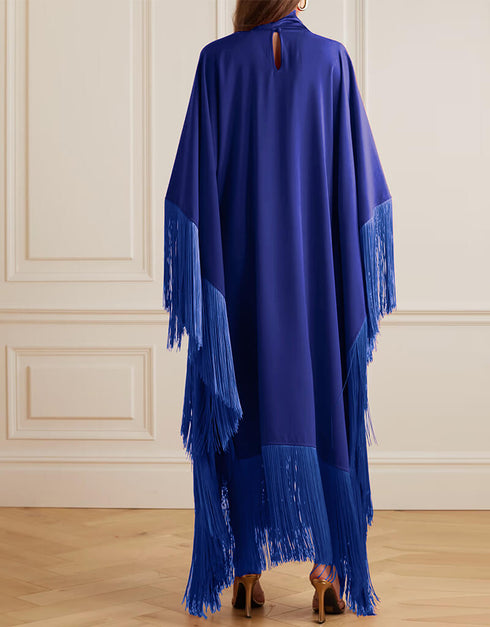 Royal Blue High Neck Style Fringed Kaftans Back View