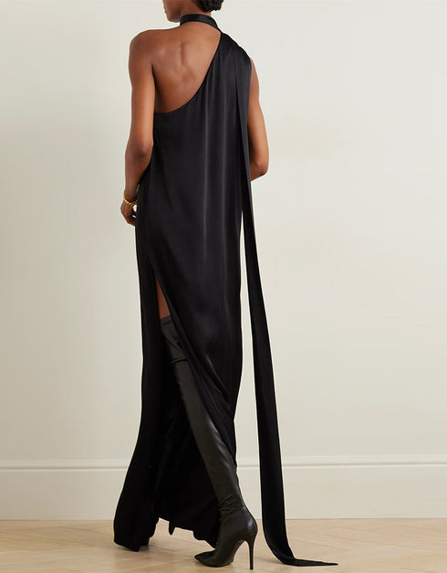 black viscose silk trendy designer party wear maxi dress dress digital printed work jsdc-7030-black Back View