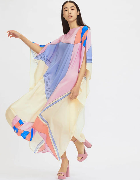 Beige And Violet Latest Soft Silk Crepe Kaftan Back View