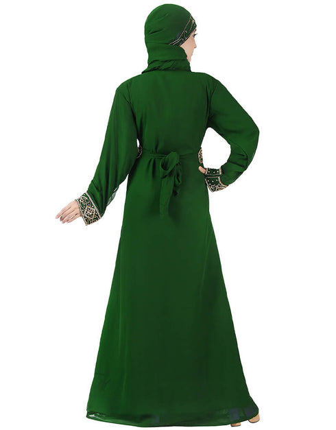 Arabic Green Georgette Hand Zari Embroidery Kaftan