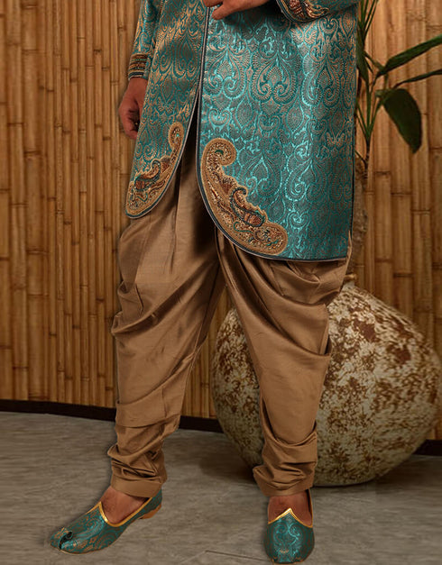 Peacock Blue Indo western Jari Tanchoi Dhoti Closure View