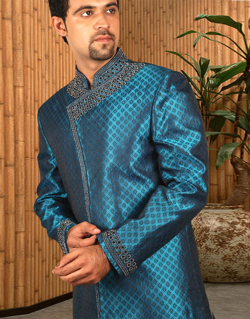 Prince Blue Indo western Kela Brocade Pant Closure View