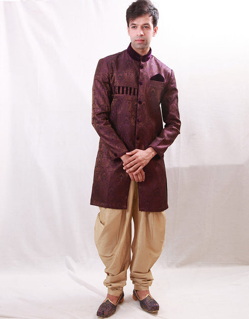 Purple Indo western Cotton Silk Brocade Dhoti