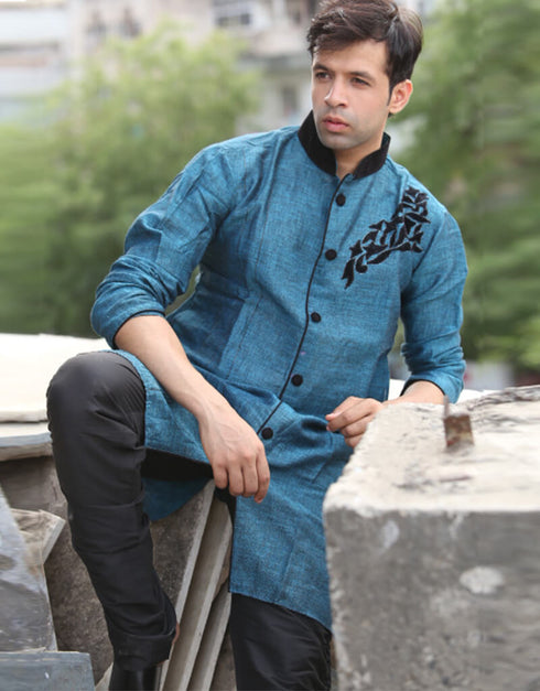 Cerulean Indo western Linen Chudidaar Closure View