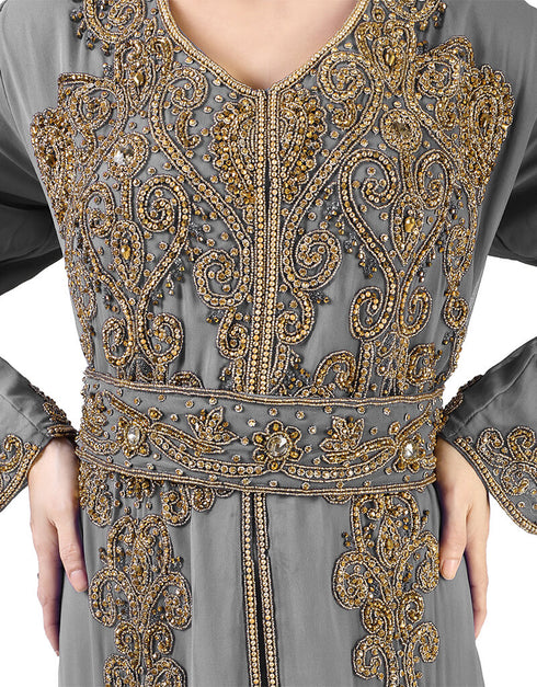 Modest Grey Georgette Pearl Embroidery Kaftan