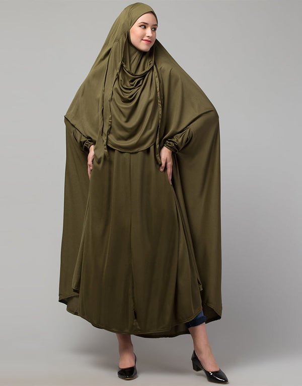 Chic Olive Extra Nose Piece Head To Toe Free Size Jilbab Prayer hijab for hajj and umrah Front View