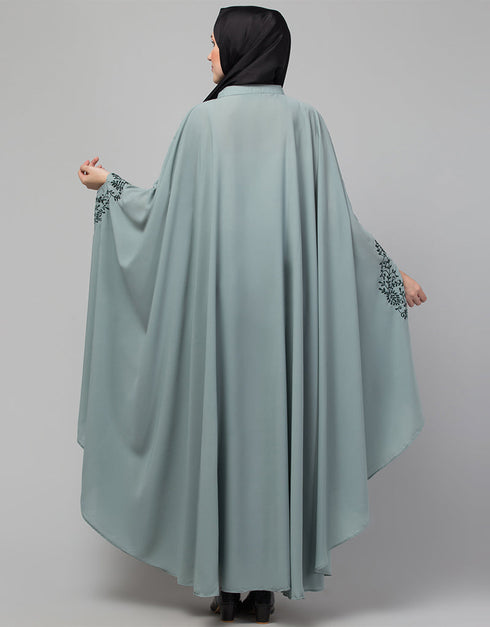 Modest Embroidered Irani Kaftan In Sage green Color Front View