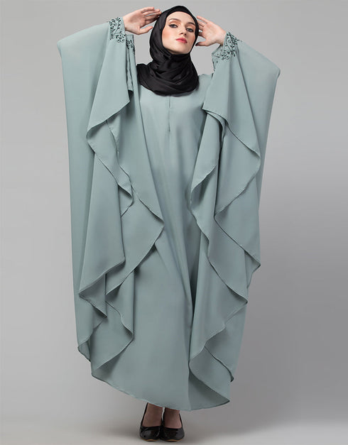 Modest Embroidered Irani Kaftan In Sage green Color Side View