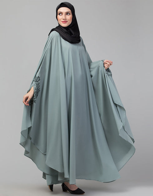 Modest Embroidered Irani Kaftan In Sage green Color Close-up View