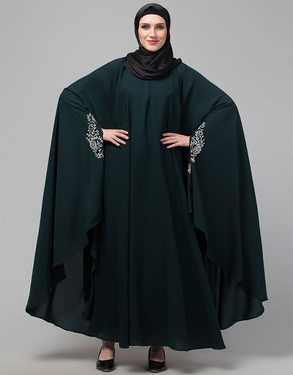Dubai Embroidered Irani Kaftan In Bottle Green Color Front View