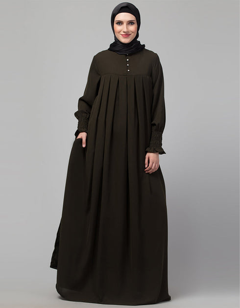 Trendy Pleats at chest Smoking Sleeve Casual Abaya Front View