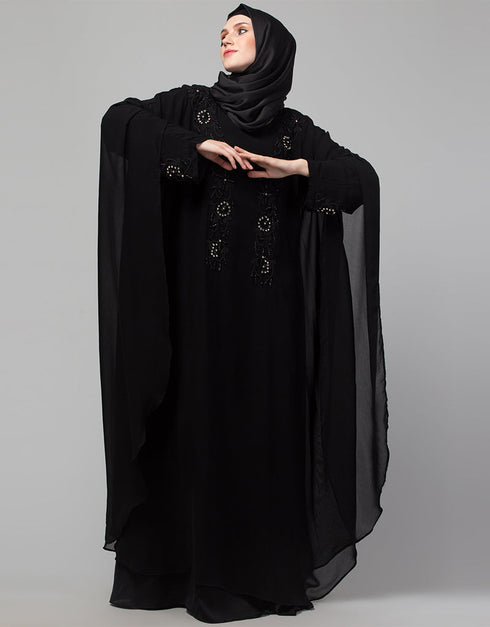 Modern Black Shine Nida Black Embroidery Abaya Close-up View