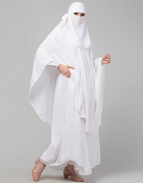 Chic 3 pcs set of White Abaya Khimer and Nose piece Front View