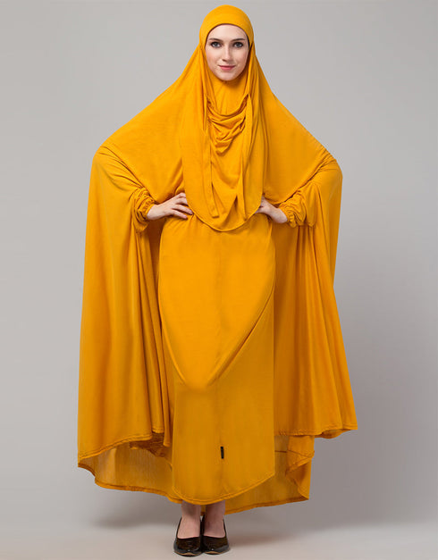 Modern Extra Nose Piece Head To Toe Free Size Jilbab In Musturd Color Front View