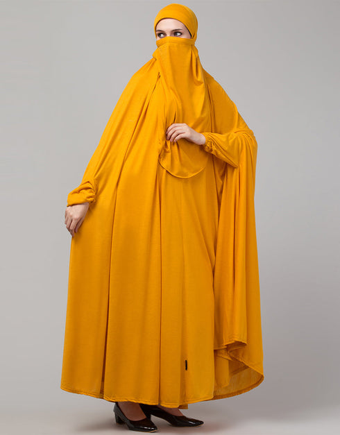 Modern Extra Nose Piece Head To Toe Free Size Jilbab In Musturd Color Back View