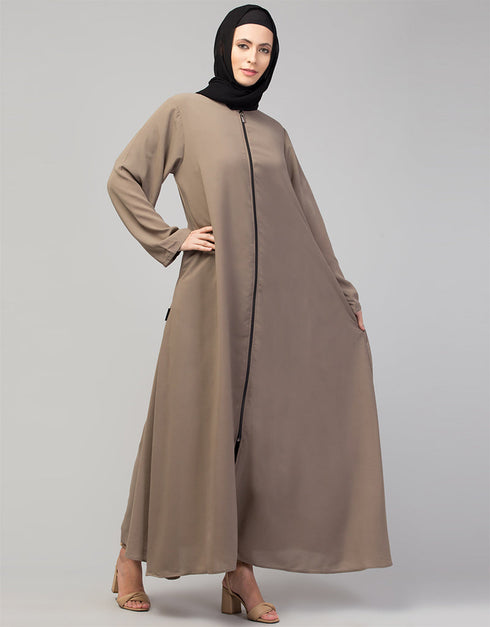 Muslim Front-Open Zip Abaya for Casual Wear In the Shade of Khaki