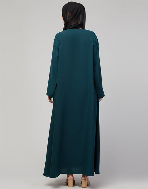 Dubai Long-Sleeved Abaya with Flared Hem for a Sophisticated Look In Color Teal Blue