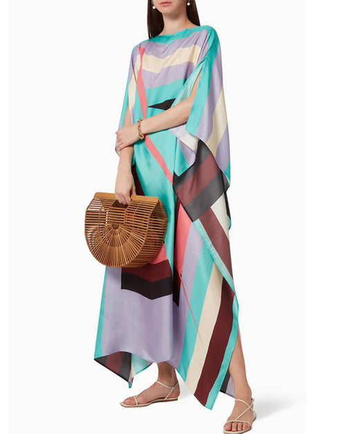 Blue And Grey Soft Silk Crepe Kaftan Closure View
