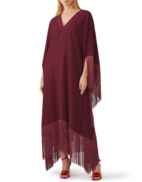 Wine V-Neck Style Fringed Kaftans Closure View