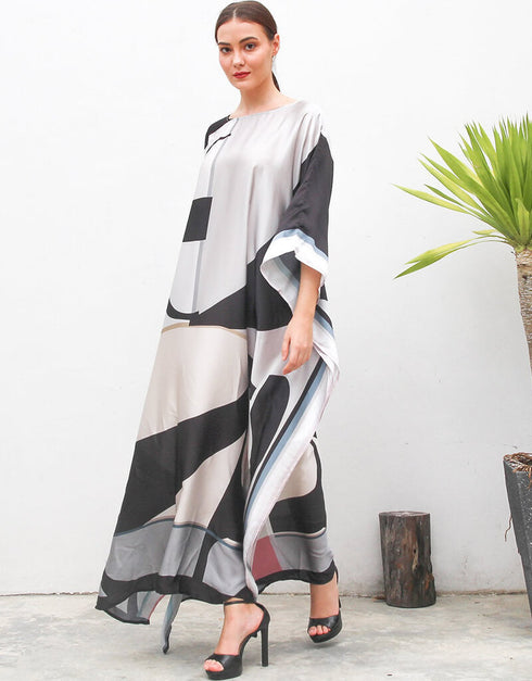 Foggy Grey Heavy Designer Digital Printed Maxi Style Dress Closure View