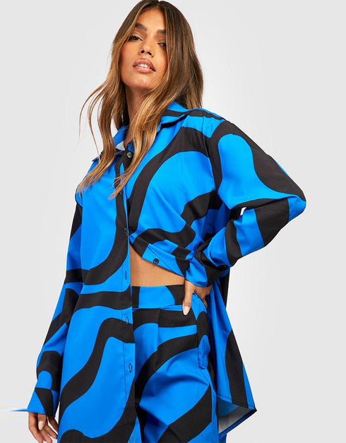 Designer Party Wear Readymade Co-Ords Set Blue Korean Bsy Pant Shirt Close-up View