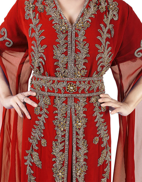 Modest Maroon Georgette Pearl Embroidery Kaftan