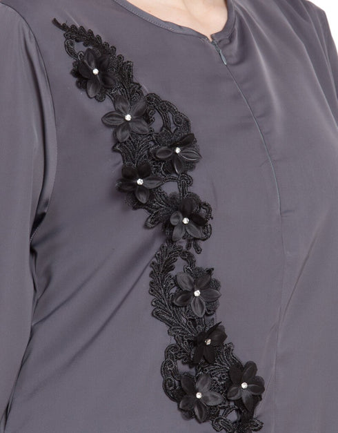 Arabic Front zip and slit patch work Nida Abaya Grey Women Online shopping USA