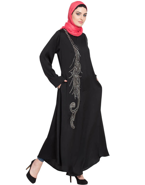 Muslim Front Embroidered Umbrella Abaya Black Women Online shopping USA