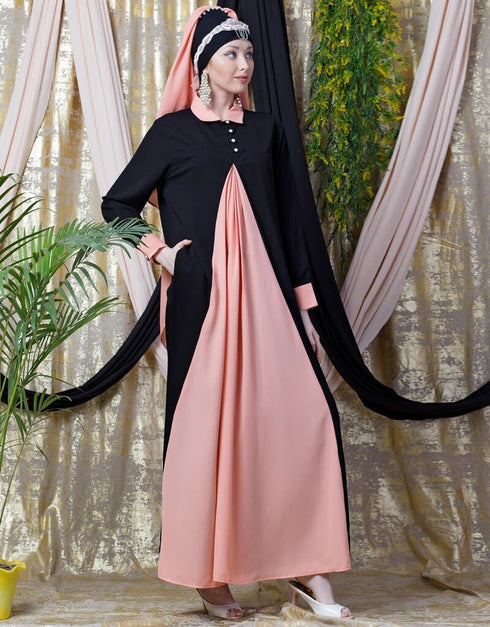 Muslimah Contrast Yoke Black Peach Casual Abaya Peach