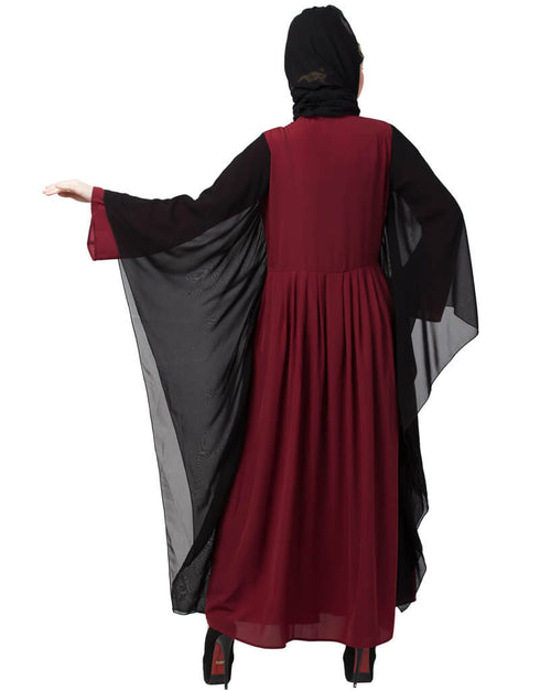 Islamic Contrast Butterfly Sleeve Pleated Abaya Maroon