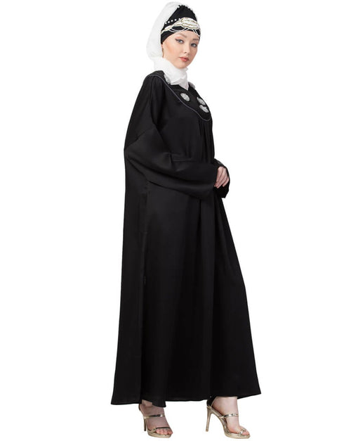 Muslim scallop yoke bohemian casual Abaya Black