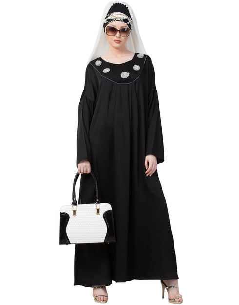 Muslim scallop yoke bohemian casual Abaya Black