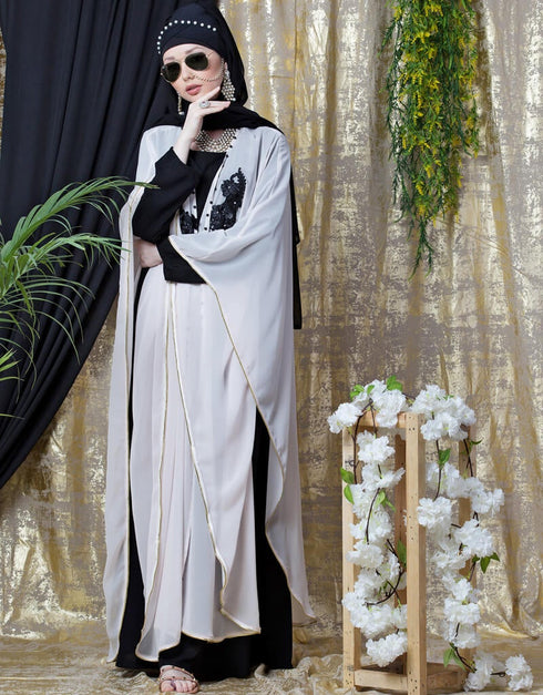 Arabic butterfly upper with inner Embroidered abaya cum Kaftan Light Pink