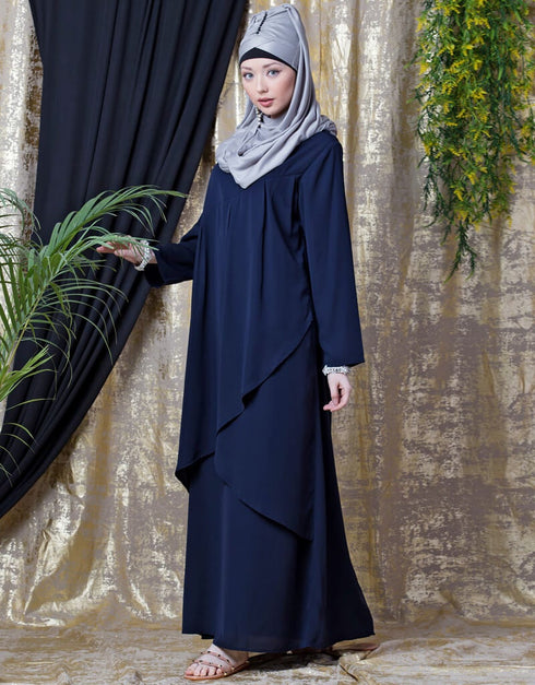 Trendy Overlapped panel casual Abaya Navy Blue