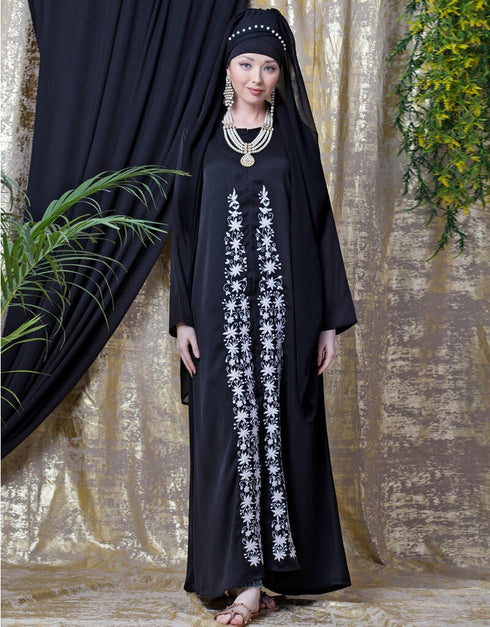 Dubai Front Embroidered Zip At Neck Nida Abaya White