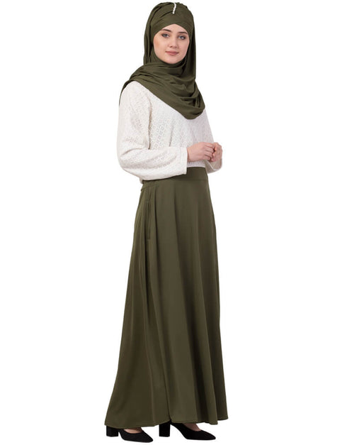 Trendy Lace Body Solid Skirt Two Color Abaya White